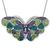 Hearts aflutter. You'll simply adore Kaleidoscope's whimsical butterfly pendant with its mix of round-cut green, purple, and teal crystals with Swarovski Elements. Set in sterling silver. Approximate length: 18 inches. Approximate drop: 1-1/10 inches.