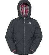 The North Face® reversible hooded down jacket -- one side in plaid and the other in a smooth, quilted solid -- for two distinctly sporty looks.