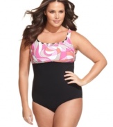 A couture-inspired print elevates this plus size Profile by Gottex swimsuit to fashionable new heights! The ruffles on top add a charming touch, too.