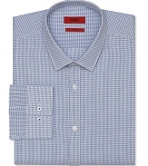 An extra slim-fit HUGO dress shirt touts a plaid pattern and traditional barrel cuffs for streamlined office polish.