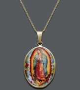 Express your religious heritage with this cherished icon. Our Lady of Guadalupe pendant crafted in porcelain with a 14k gold setting and chain. Approximate length: 18 inches. Approximate drop: 1 inch.