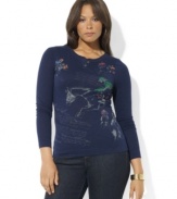 A faded equestrian print with romantic script adorns the front of Lauren Ralph Lauren's essential long-sleeved plus size tee for a chic, timeworn look