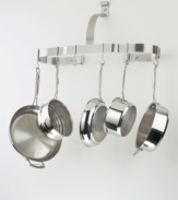 If you have limited storage space and a desire for something different, this wall-mounted pot rack is the perfect way to display and organize your cookware collection. Sleek and attractive, it adds a dramatic element to any kitchen décor. Cookware not included. Limited lifetime warranty.