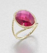 From the Laguna Collection. A faceted fuchsia quartz stone surrounded by an 18k gold rope frame on a split shank. Fuchsia quartz18k goldImported