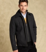 Secure your style with this wool-blend Melton jacket from Tommy Hilfiger, a sleek open-bottom look with bib styling.