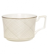 Dressed in a fine diamond grid of bronze and warm taupe, these cups are from Noritake dinnerware. The dishes are tailored for formal dining and everyday elegance. A hooked handle creates a unique silhouette to enhance more classic bone china essentials.