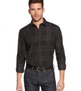 Get polished in plaid with this handsome checkered shirt from Alfani BLACK.