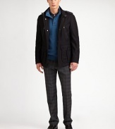 An outerwear essential for the approaching cold weather days, structured in a superior wool blend with a zip and button placket and front pockets for maximum versatility.Zip frontStand collarZippered chest, waist flap pocketsShoulder epaulettesFully linedAbout 30 from shoulder to hem80% virgin wool/20% polyamideDry cleanImported