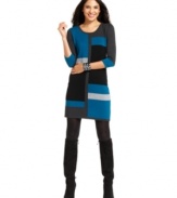 A bold colorblocked pattern puts a lively spin on this petite sweater dress from Spense!