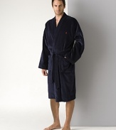 Polo Ralph Lauren kimono-inspired robe in ultra-soft cotton velour. Self-tie belt. Shawl collar, patch pockets. Signature embroidered polo player detail at chest.