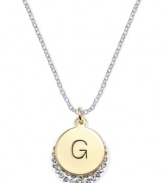 Letter perfection. This sterling silver necklace holds a pendant set in 14k gold and sterling silver plated topped with a G and adorned with crystal for a stunning statement. Approximate length: 18 inches. Approximate drop: 7/8 inch. Approximate drop width: 5/8 inch.