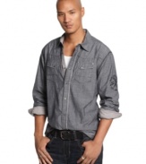 This season it's all about chambray. Get into this trend in sleek style with this button down by Marc Ecko Cut & Sew. (Clearance)