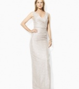 Exuding classic glamour in a floor-length column silhouette, Lauren Ralph Lauren's elegant sleeveless gown is designed in sleek metallic jersey for show-stopping appeal.