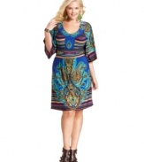 Get spotted this season in One World's three-quarter-sleeve plus size dress, showcasing a mixed print!