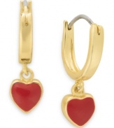 Share the love. Lily Nily's children's drop hoop earrings are set in 18k gold over sterling silver with red enamel hearts adding a vibrant touch. Item comes packaged in a signature Lily Nily Gift Box. Approximate drop: 3/4 inch. Approximate width: 1/4 inch.