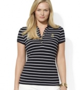 Rendered in soft stretch cotton mesh, Lauren Ralph Lauren's classic plus size polo shirt is designed with a chic five-button placket and accented with an embroidered crest.