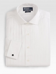 A luxurious, trim-fitting dress shirt is tailored in exquisite 120s-quality two-ply cotton poplin and finished with pintucks at the bib. Buttonfront Moderate spread collar Embroidered logo detail French cuffs Cotton Machine wash Imported 