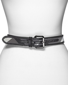 Burberry goes modern with this chic, beat check print belt, trimmed in patent leather.