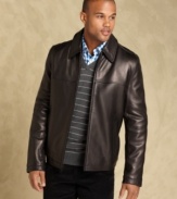 Leather that is soft to the touch, this open-bottom coat from Tommy Hilfiger gives you a mod look that's easy on the eyes.