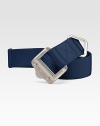 A sleek metal buckle and utility loop polish off a casual belt made from webbed nylon.Square metal slide buckleStraight tipAbout 1½ wideSpot cleanImported