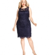 Adrianna Papell's plus size dress captures an elegant aesthetic with its textural lace overlay, left sheer at the chest and for just a couple of inches at the hem.