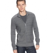 Dress to impress. Replace the baggy sweatshirt with this modern fitted zip front sweater by Calvin Klein.