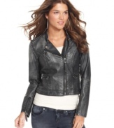 Kut from the Kloth's faux-leather jacket features a cropped silhouette and moto-inspired styling for a sleek look.