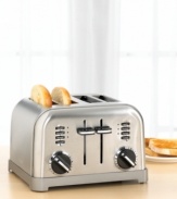 High-tech toasting technology gets a high-style look with this sleek stainless steel toaster featuring beautiful brushed chrome accents. The large, four-slice size is actually two toasters in one, with dual independent controls that let you perform two toasting jobs at once. Limited warranty. Model CPT-180.