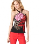 An oversized floral print adds feminine flair to this T Tahari Leah halter top -- perfectly paired with bright bottoms!