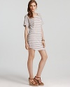 For effortless weekend style Splendid offers up this casually cool striped t-shirt dress. Slip on the comfortable look with fun flat sandals and head to brunch in style. Shopping afterwards? A canvas tote just adds pananche!