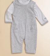 From the Nutkins collection, a striped pima cotton coverall is adorned with embroidered squirrels and paired with a matching bodysuit for a precious ensemble. Bodysuit CrewneckLong sleeves Shoulder snap closureBottom snaps Overalls Round necklineSleevelessShoulder snapsPatch pocketsBottom snapsOverall: 94% pima cotton/6% polyesterBodysuit: CottonMachine washImported Please note: Number of snaps may vary depending on size ordered.