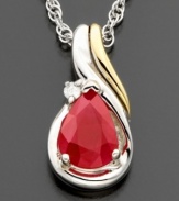 Hang this rich red ruby (7/8 ct. t.w.) necklace around your neck for an everyday romantic mood. Crafted with 14k gold, sterling silver and beautiful round-cut diamond accents. Approximate length: 18 inches. Approximate drop: 1/2 inches.