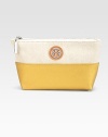 Leather pairs with canvas in this chic two-tone zip-top case.Top zip closureNylon lining9W X 5½H X 2¾DImported