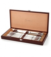 Make an interesting point. This steak knife & carving set masters prep & presentation with impeccable pieces meticulously crafted from durable, long-lasting stainless steel that provides a precision approach to slicing, dicing and plating your favorite meats and poultry. The stunning rosewood box protects your favorite table essentials and adds a charming accent to your setup. Lifetime warranty.