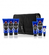 For the guy on the go. Contains six head-to-toe grooming products in a black micro-fiber bag. Makes a great starter kit. Beard Lube Conditioning Shave, 3 oz. All-Over Wash for Face, Hair and Body, 3 oz. Double Duty Face Moisturizer SPF 20, 1.5 oz. Face Buff Energizing Scrub, 3 oz Industrial Strength Hand Healer, 3 oz. Intense Therapy Lip Balm SPF 25, 0.25 oz. 