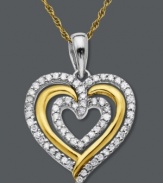 Lovely luster. This adorable heart pendant features rows of round-cut diamonds (1/5 ct. t.w.) in a polished sterling silver and 14k gold setting. Approximate length: 18 inches. Approximate drop: 1/2 inch.