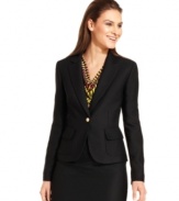 Calvin Klein's tweed blazer looks streamlined and polished with a single, shiny gold button closure. Take the classic look contemporary with a brightly printed shirt.