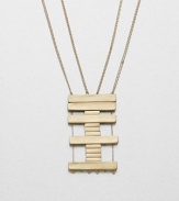 A geometric design featuring a long pendant consisting of stacked bars with spacers on link chains. Brass barsGold-filled chainLength, about 36Pendant size, about 2Slip-on styleMade in USA