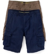 Flat front cargo shorts can be worn with a button up, collared shirt or tee.