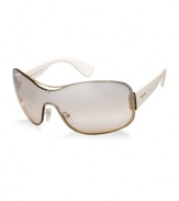 This modern shield is unmistakably Prada. Boasting the sophisticated elegance, avant-garde design and uncompromising quality the brand is known for, this gold and pink style with silver mirrored lens shines.