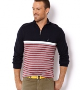 Simple preppy style is as easy as pairing this quarter-zip sweater from Nautica with a v-neck t-shirt or a button front.