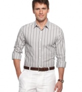 Step up your shirt style with this striped woven from Perry Ellis.