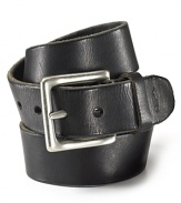 Distressed leather belt with brushed buckle and leather keeper. Logo embossed.