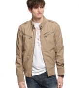 Add a touch of cool to your casual collection with this edgy chino jacket from Guess.