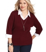 Layer on style with Elementz' three-quarter-sleeve plus size sweater, including a shirt inset.