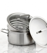 Pack in maximum flavor & healthy nutrients with this steaming set, which includes a 3-qt. base, steamer basket and tempered glass lid for quick & easy prep of your favorite veggies, seafood and more. The versatile pot features a triple-layer design that sandwiches a pure aluminum core between two high-performance layers of stainless steel for quick, even heating. Lifetime warranty.