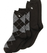 Classic argyle and solid cotton trouser socks with Lauren by Ralph Lauren logo embroidered at side ankle.