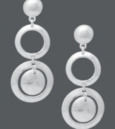 Chic shapes add dimension to any look. Touch of Silver's multi-circle earrings combine solid and cut-out circles in three, linear drops. Crafted in silver-plated brass with a sterling silver post backing. Approximate drop length: 1-1/2 inches. Approximate drop width: 3/5 inch.