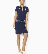 In celebration of Team USA's participation in the 2012 Olympics, a figure-flattering polo dress in stretch cotton mesh is adorned with bold country embroidery.