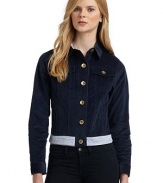 THE LOOKButton closure collarButton-down placketGoldtone buttonsLong sleeves with cuffsTwo chest flap pocketsTwo slash side pocketsStriped trim on hemTHE FITStretch fitTHE MATERIAL98% cotton/2% spandexCARE & ORIGINMachine washImported